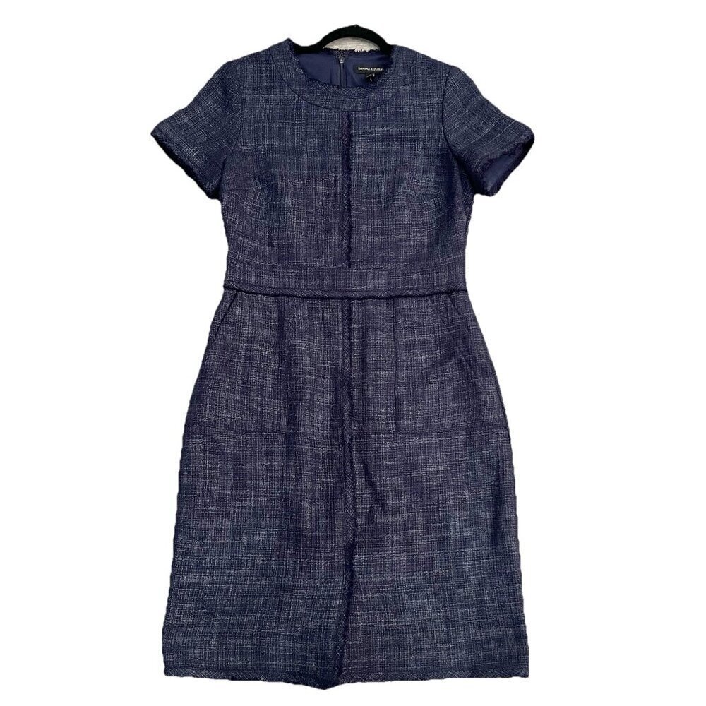 Banana Republic Women’s Short Sleeve Frayed Edge Tweed Dress Size 8 Navy Blue
